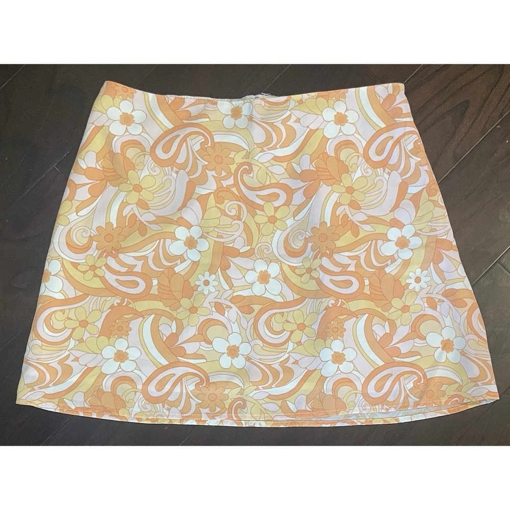 Hollister Mini Skirt Lg Orange Floral Paisley Ultra High Rise 70s Retro Boho NWT